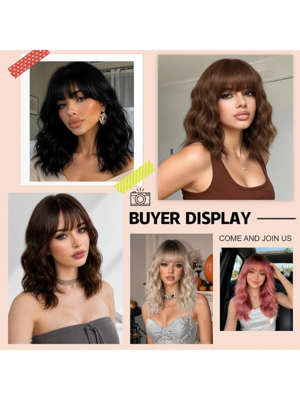 Women's Honey Brown 16 Inch Wavy Wig Bangs Shoulder Length Synthetic Hair